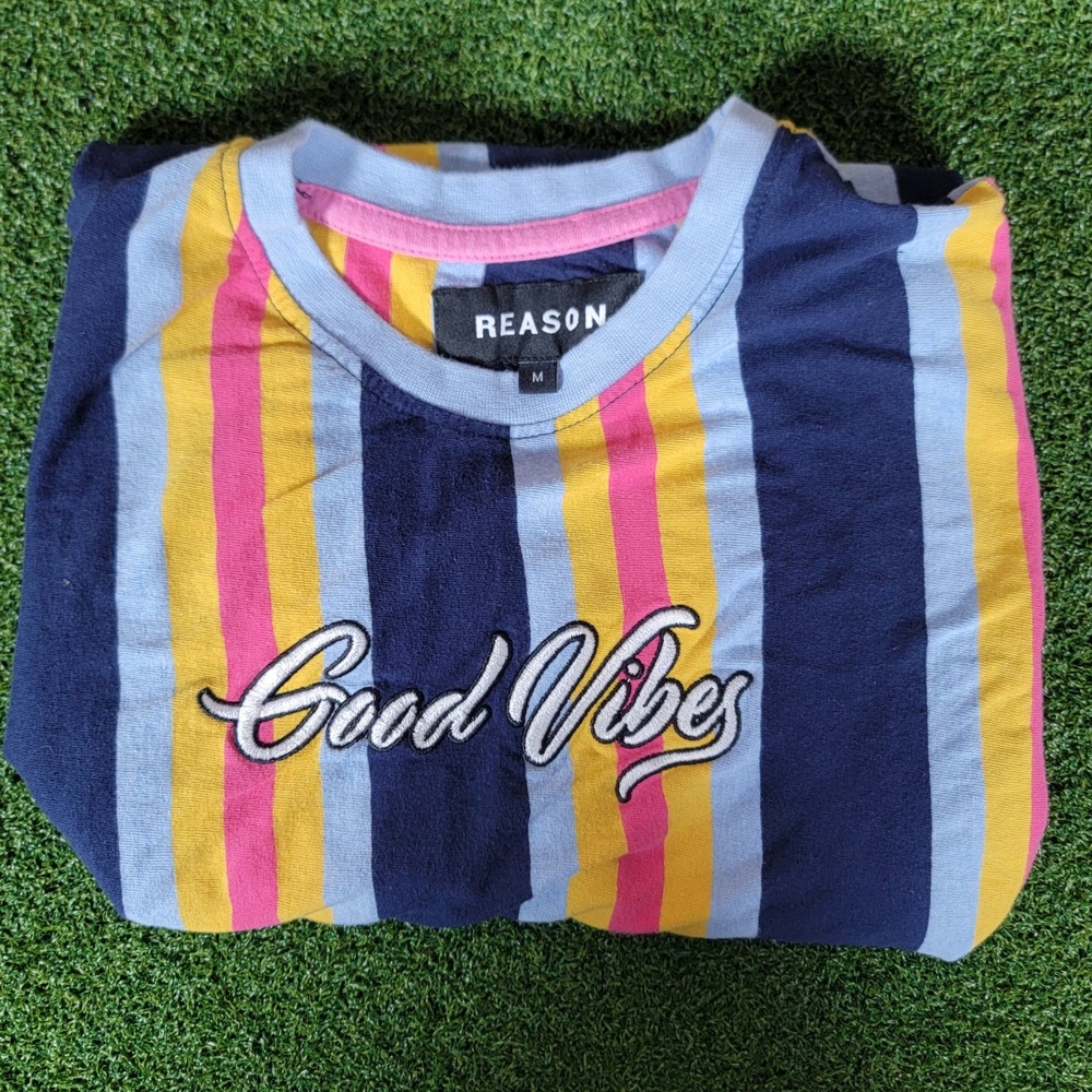 Reason Good Vibes Striped Graphic Tee Crew Neck Short Sleeve‎ T-Shirt M